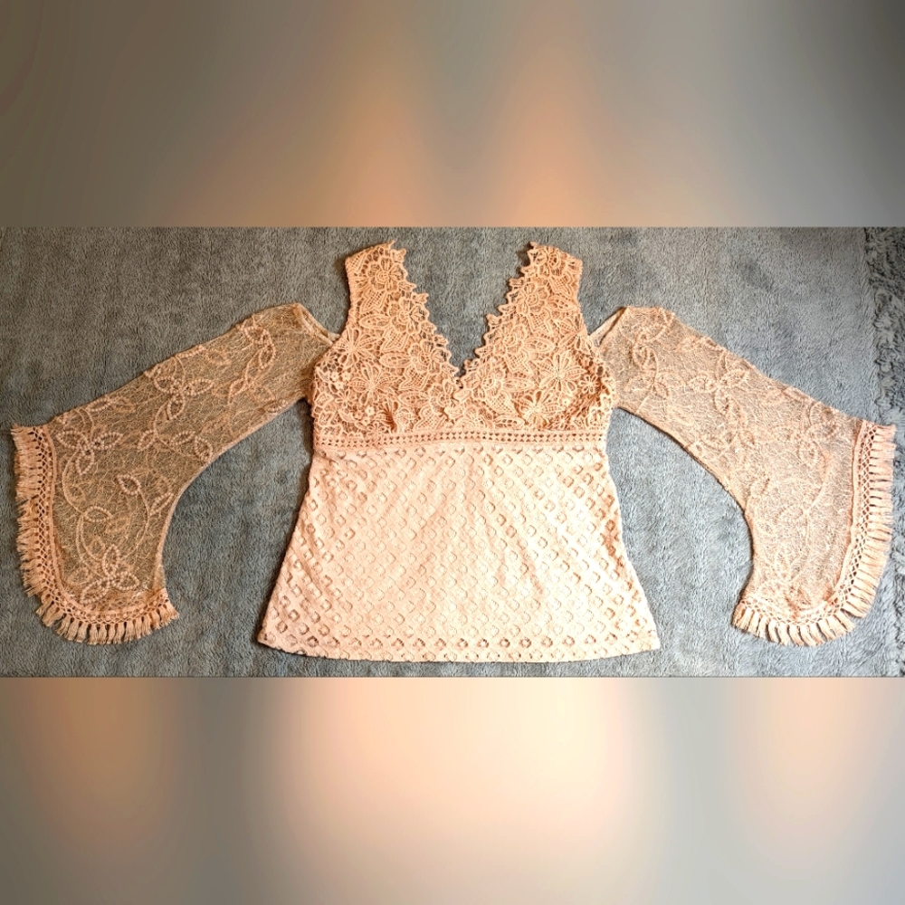 Venus Crochet/Lace Cold Shoulder Top, Peach, Size L